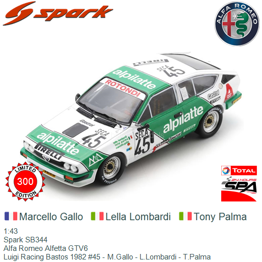 1:43 | Spark SB344 | Alfa Romeo Alfetta GTV6 | Luigi Racing Bastos 