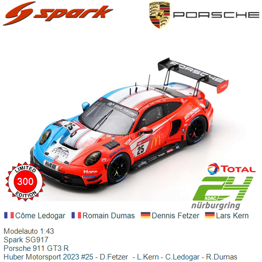 Modelauto 1:43 | Spark SG917 | Porsche 911 GT3 R | Huber 