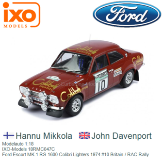 Modelauto 1:18 | IXO-Models 18RMC047C | Ford Escort MK.1 RS 1600 Colibri Lighters 1974 #10 Britain / RAC Rally