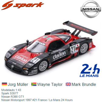 Modelauto 1:43 | Spark S3577 | Nissan R390 GT1 | Nissan Motorsport 1997 #21 France / Le Mans 24 Hours