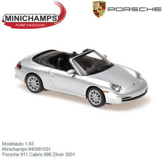 Modelauto 1:43 | Minichamps 940061031 | Porsche 911 Cabrio 996 Zilver 2001