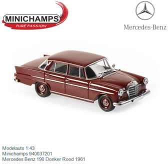 Modelauto 1:43 | Minichamps 940037201 | Mercedes Benz 190 Donker Rood 1961