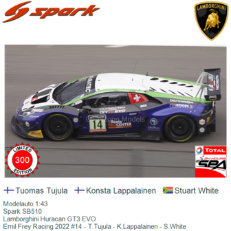 Modelauto 1:43 | Spark SB510 | Lamborghini Huracan GT3 EVO | Emil Frey  Racing 2022 #14 - T.Tujula - K.Lappalainen - S.White