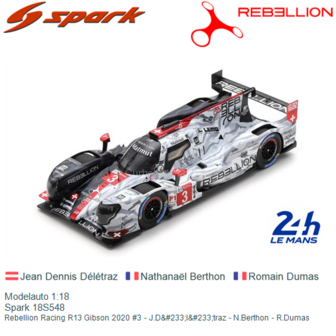 Modelauto 1 18 Spark 18S548 Rebellion Racing R13 Gibson 2020