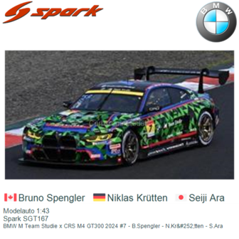 Modelauto 1:43 | Spark SGT167 | BMW M Team Studie x CRS M4 GT300 2024 #7 - B.Spengler - N.Kr&amp;#252;tten - S.Ara