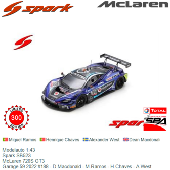 Modelauto 1:43 | Spark SB523 | McLaren 720S GT3 | Garage 59 2022 #188 - D.Macdonald - M.Ramos - H.Chaves - A.West