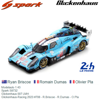 Modelauto 1:43 | Spark S8732 | Glickenhaus 007 LMH | Glickenhaus-Racing 2023 #708 - R.Briscoe - R.Dumas - O.Pla