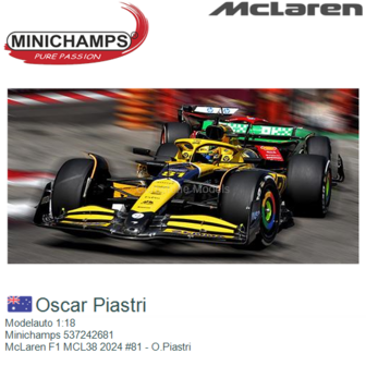 Modelauto 1:18 | Minichamps 537242681 | McLaren F1 MCL38 2024 #81 - O.Piastri