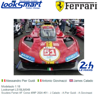 Modelauto 1:18 | Looksmart LS18LM049 | Scudera Ferrari AF Corse 499P 2024 #51 - J.Calado - A.Pier Guidi - A.Giovinazzi