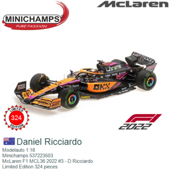 Modelauto 1:18 | Minichamps 537223503 | McLaren F1 MCL36 2022 #3 - D.Ricciardo