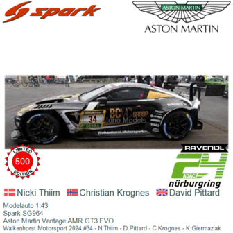 Modelauto 1:43 | Spark SG964 | Aston Martin Vantage AMR GT3 EVO | Walkenhorst Motorsport 2024 #34 - N.Thiim - D.Pittard - C.Kro