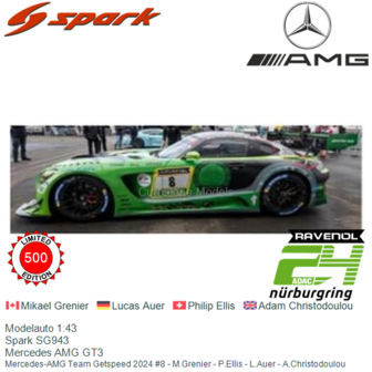 Modelauto 1:43 | Spark SG943 | Mercedes AMG GT3 | Mercedes-AMG Team Getspeed 2024 #8 - M.Grenier - P.Ellis - L.Auer - A.Christo