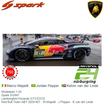 Modelauto 1:43 | Spark SG947 | Lamborghini Hurac&aacute;n GT3 EVO2 | Red Bull Team ABT 2024 #27 - M.Mapelli - J.Pepper - K.van de