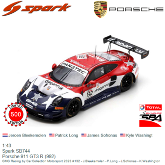1:43 | Spark SB744 | Porsche 911 GT3 R (992) | GMG Racing by Car Collection Motorsport 2023 #132 - J.Bleekemolen - P.Long - J.S