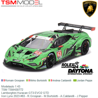 Modelauto 1:43 | TSM TSM430772 | Lamborghini Huracan GT3 EVO2 GTD | Iron Lynx 2023 #63 - R.Grosjean - M.Bortolotti - A.Caldarel