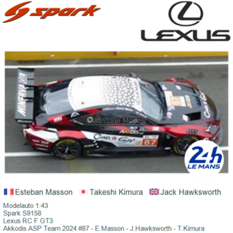 Modelauto 1:43 | Spark S9158 | Lexus RC F GT3 | Akkodis ASP Team 2024 #87 - E.Masson - J.Hawksworth - T.Kimura