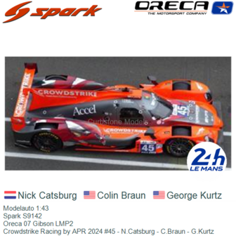 Modelauto 1:43 | Spark S9142 | Oreca 07 Gibson LMP2 | Crowdstrike Racing by APR 2024 #45 - N.Catsburg - C.Braun - G.Kurtz