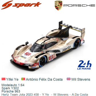 Modelauto 1:64 | Spark Y302 | Porsche 963 | Hertz Team Jota 2023 #38 - Y.Ye  - W.Stevens - A.Da Costa