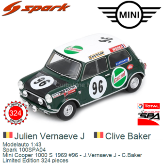Modelauto 1:43 | Spark 100SPA04 | Mini Cooper 1000 S 1969 #96 - J.Vernaeve J - C.Baker