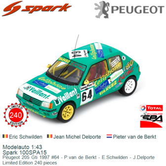 Modelauto 1:43 | Spark 100SPA15 | Peugeot 205 Gti 1997 #64 - P.van de Berkt - E.Schwilden - J.Delporte