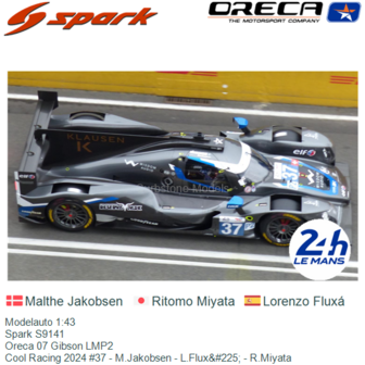 Modelauto 1:43 | Spark S9141 | Oreca 07 Gibson LMP2 | Cool Racing 2024 #37 - M.Jakobsen - L.Flux&amp;#225; - R.Miyata