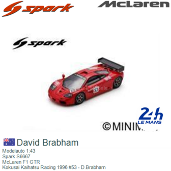 Modelauto 1:43 | Spark S6667 | McLaren F1 GTR | Kokusai Kaihatsu Racing 1996 #53 - D.Brabham