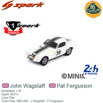 Modelauto 1:43 | Spark S8213 | Lotus Elite | Team Elite 1963 #39 - J.Wagstaff - P.Fergusson