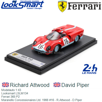 Modelauto 1:43 | Looksmart LSLM134 | Ferrari 365 P2 | Maranello Concessionaires Ltd. 1966 #16 - R.Attwood - D.Piper