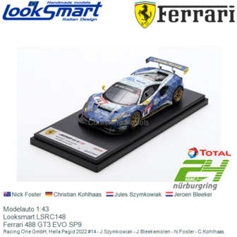 Modelauto 1:43 | Looksmart LSRC148 | Ferrari 488 GT3 EVO SP9 | Racing One GmbH, Hella Pagid 2022 #14 - J.Szymkowiak - J.Bleekem