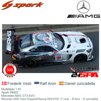 Modelauto 1:43 | Spark SB822 | Mercedes AMG GT3 EVO | Mercedes-AMG Team GruppeM Racing 2024 #130 - F.Vesti  - R.Aron  - D.Junca