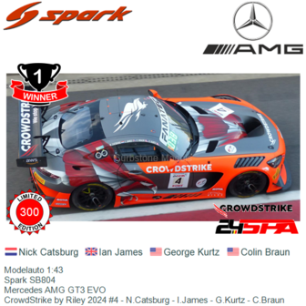 Modelauto 1:43 | Spark SB804 | Mercedes AMG GT3 EVO | CrowdStrike by Riley 2024 #4 - N.Catsburg - I.James - G.Kurtz - C.Braun