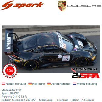 Modelauto 1:43 | Spark SB827 | Porsche 911 GT3 R | Herberth Motorsport 2024 #91 - M.Schuring  - R.Renauer - R.Bohn - A.Renauer