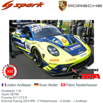 Modelauto 1:43 | Spark SB786 | Porsche 911 GT3 R | Rutronik Racing 2024 #96 - P.Niederhauser - S.Muller - J.Andlauer