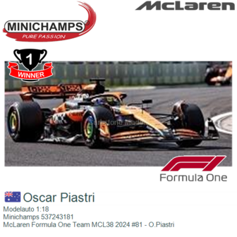 Modelauto 1:18 | Minichamps 537243181 | McLaren Formula One Team MCL38 2024 #81 - O.Piastri