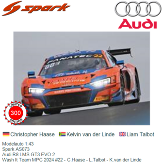 Modelauto 1:43 | Spark AS073 | Audi R8 LMS GT3 EVO 2 | Wash It Team MPC 2024 #22 - C.Haase - L.Talbot - K.van der Linde