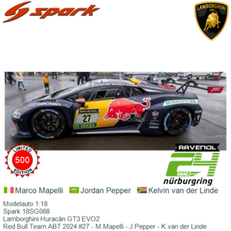 Modelauto 1:18 | Spark 18SG068 | Lamborghini Hurac&aacute;n GT3 EVO2 | Red Bull Team ABT 2024 #27 - M.Mapelli - J.Pepper - K.van 