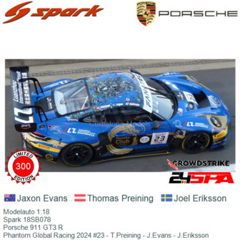 Modelauto 1:18 | Spark 18SB078 | Porsche 911 GT3 R | Phantom Global Racing 2024 #23 - T.Preining - J.Evans - J.Eriksson