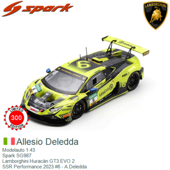 Modelauto 1:43 | Spark SG987 | Lamborghini Hurac&aacute;n GT3 EVO 2 | SSR Performance 2023 #6 - A.Deledda