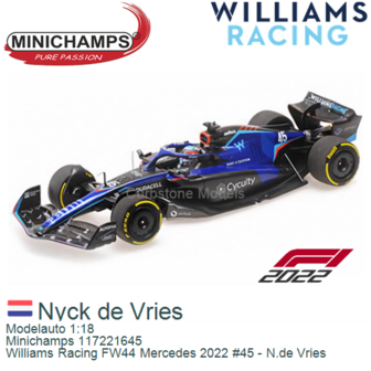 Modelauto 1:18 | Minichamps 117221645 | Williams Racing FW44 Mercedes 2022 #45 - N.de Vries