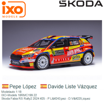 Modelauto 1:18 | IXO-Models 18RMC199.22 | Skoda Fabia RS Rally2 2024 #25 - P.L&amp;#243;pez - D.V&amp;#225;zquez