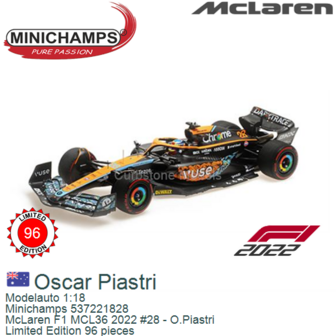 Modelauto 1:18 | Minichamps 537221828 | McLaren F1 MCL36 2022 #28 - O.Piastri