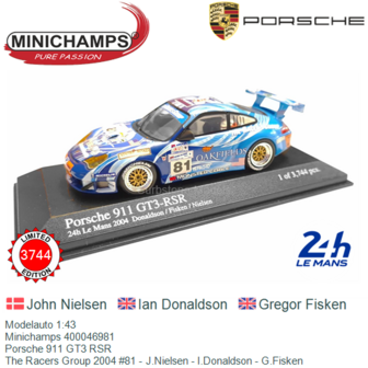 Modelauto 1:43 | Minichamps 400046981 | Porsche 911 GT3 RSR | The Racers Group 2004 #81 - J.Nielsen - I.Donaldson - G.Fisken