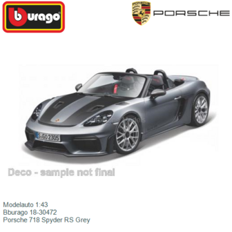 Modelauto 1:43 | Bburago 18-30472 | Porsche 718 Spyder RS Grey