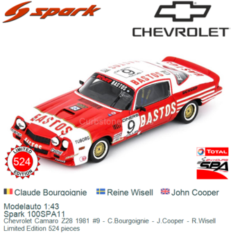 Modelauto 1:43 | Spark 100SPA11 | Chevrolet Camaro Z28 1981 #9 - C.Bourgoignie - J.Cooper - R.Wisell