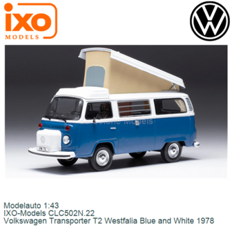 Modelauto 1:43 | IXO-Models CLC502N.22 | Volkswagen Transporter T2 Westfalia Blue and White 1978