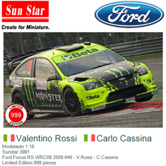 Modelauto 1:18 | Sunstar 3981 | Ford Focus RS WRC08 2009 #46 - V.Rossi - C.Cassina