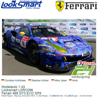 Modelauto 1:43 | Looksmart LSRC096 | Ferrari 488 GT3 EVO SP9 | Hella Pagid - Racing One 2021 #14 - C.Kohlhaas - S.K&amp;#246;hl