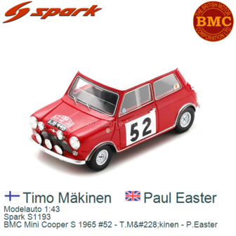 Modelauto 1:43 | Spark S1193 | BMC Mini Cooper S 1965 #52 - T.M&amp;#228;kinen - P.Easter