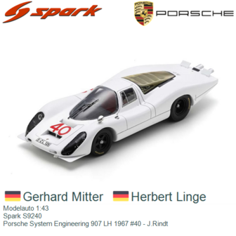 Modelauto 1:43 | Spark S9240 | Porsche System Engineering 907 LH 1967 #40 - J.Rindt