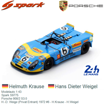 Modelauto 1:43 | Spark S9775 | Porsche 908/2 S3.0 | H.-D. Weige (Privat Entrant) 1972 #6 - H.Krause - H.Weigel